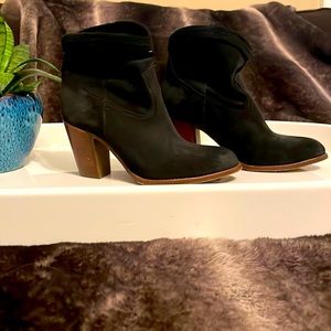 Frye short black suede boots, western style.